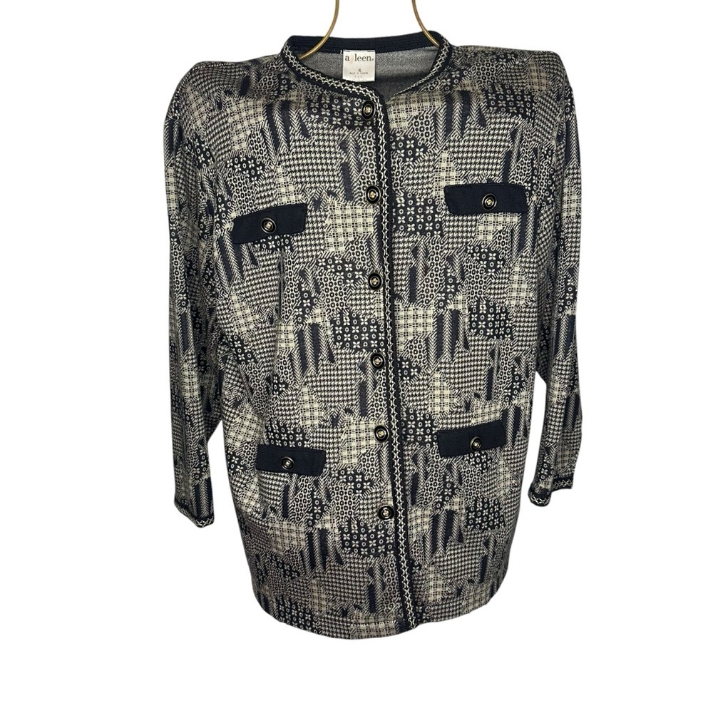 Vintage Aileen Chic Black and Cream Women's Button Up Aztec Sweater - Size XL